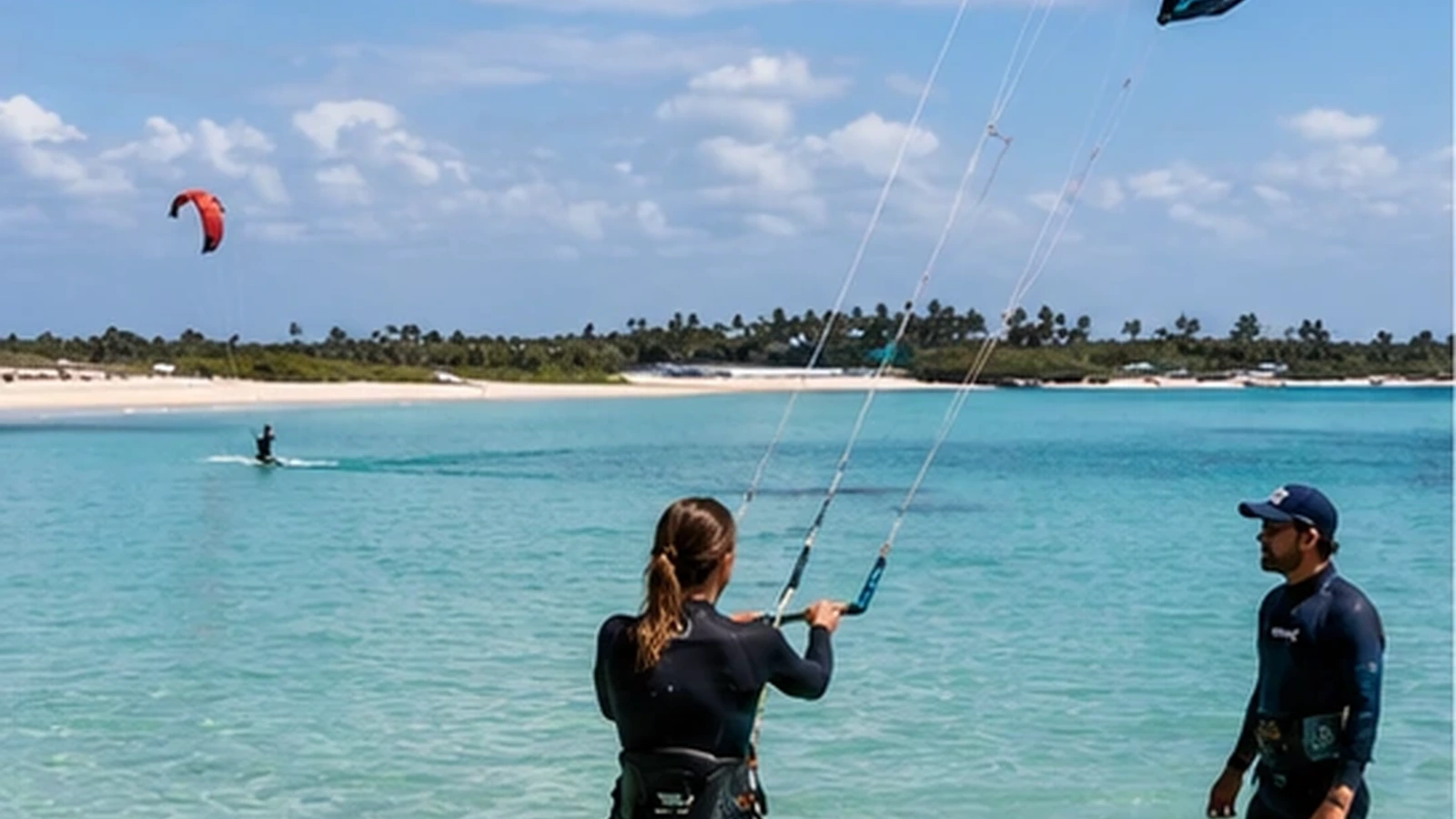 Beginner kite lesson in a waist-deep flat turquoise lagoon with an instructor