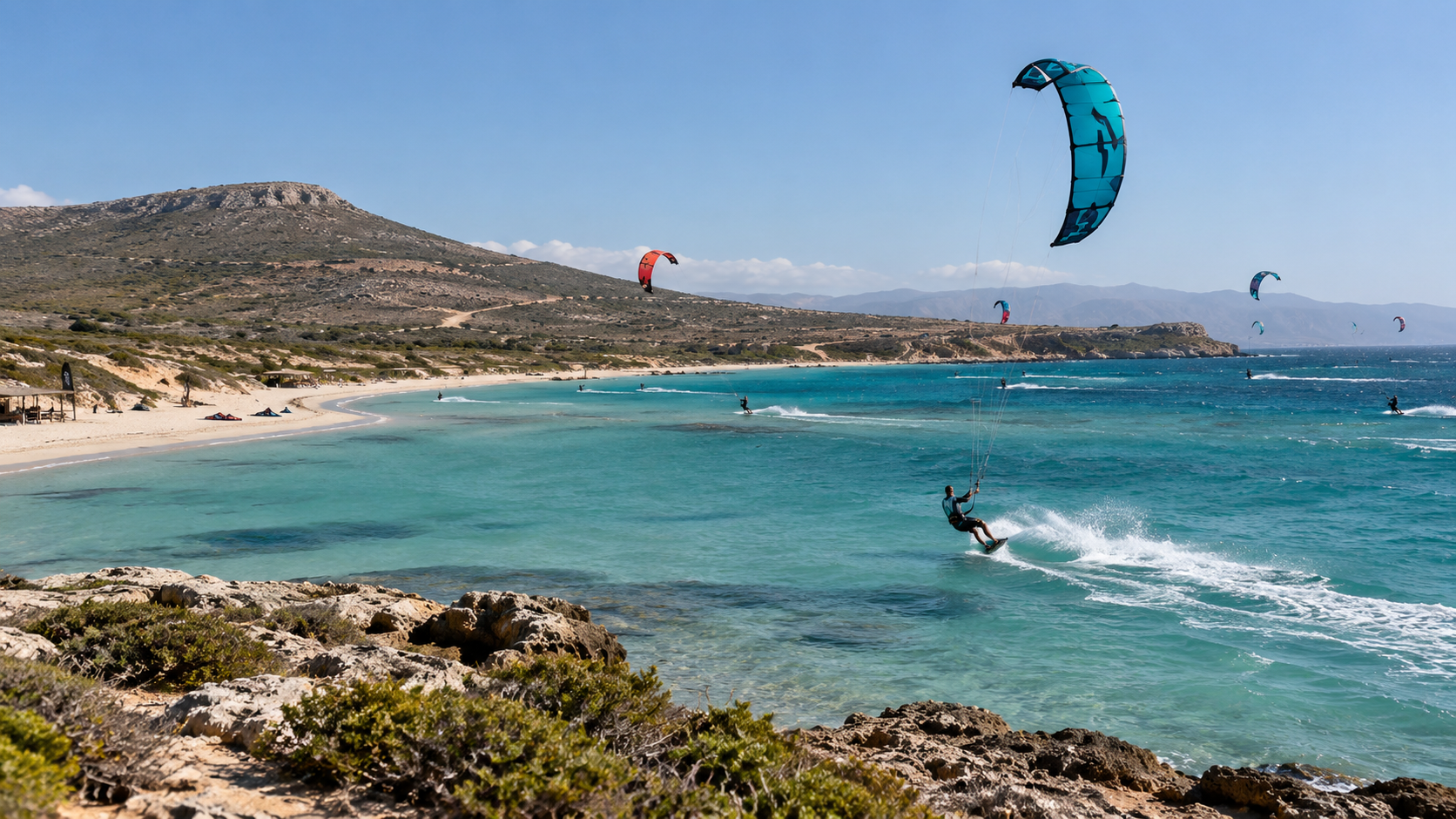 Many colorful kites in the sky over a turquoise bay at a world-class kite spot